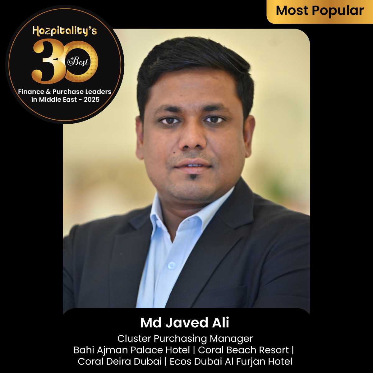 Md Javed Ali Recognized in Hozpitality's Best 30 Finance and Purchase Leaders Powerlist in the Middle East for 2025