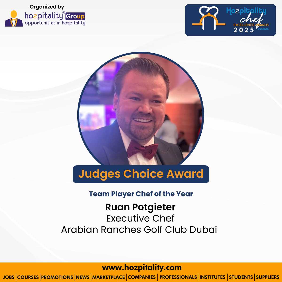 Ruan Potgieter Honored with Judges' Choice Award for Team Player Chef of the Year at Middle East Chef Excellence Awards 2025