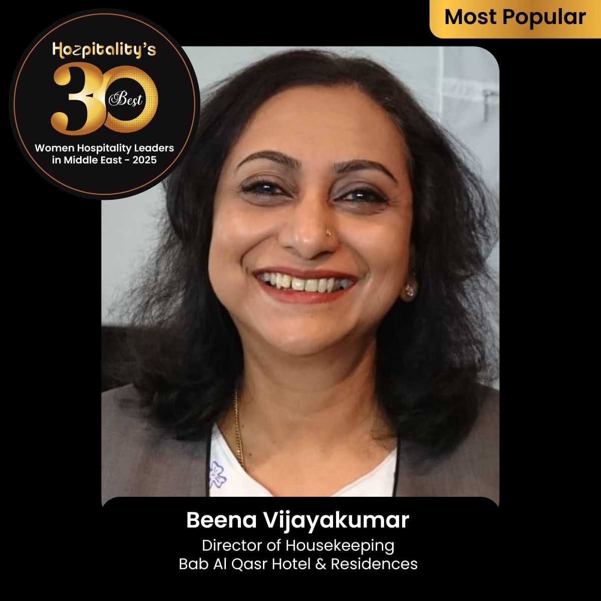 Beena Vijayakumar Recognized in Hozpitality’s Best 30 Women Leaders in the Middle East 2025